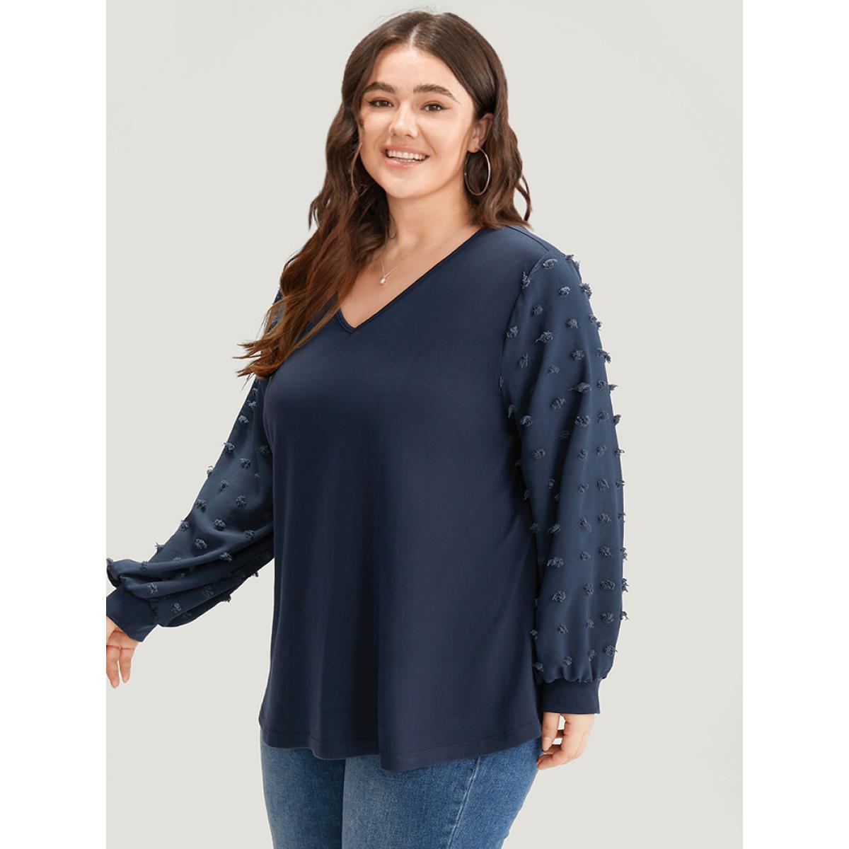 Plus Size Solid V Neck Patchwork Elastic Cuffs Sweatshirt Women Blue Elegant Elastic cuffs V-neck Dailywear Sweatshirts BloomChic 18-20/2X Product Image