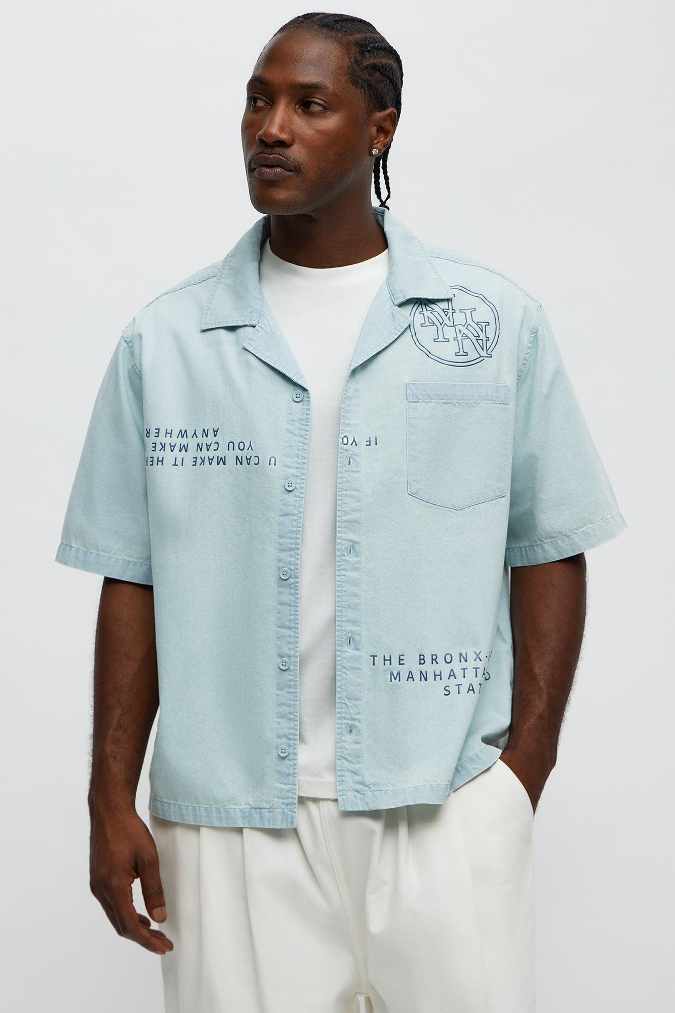 Denim Cuban Collar Button Up Shirt - Light Blue Wash Male Product Image