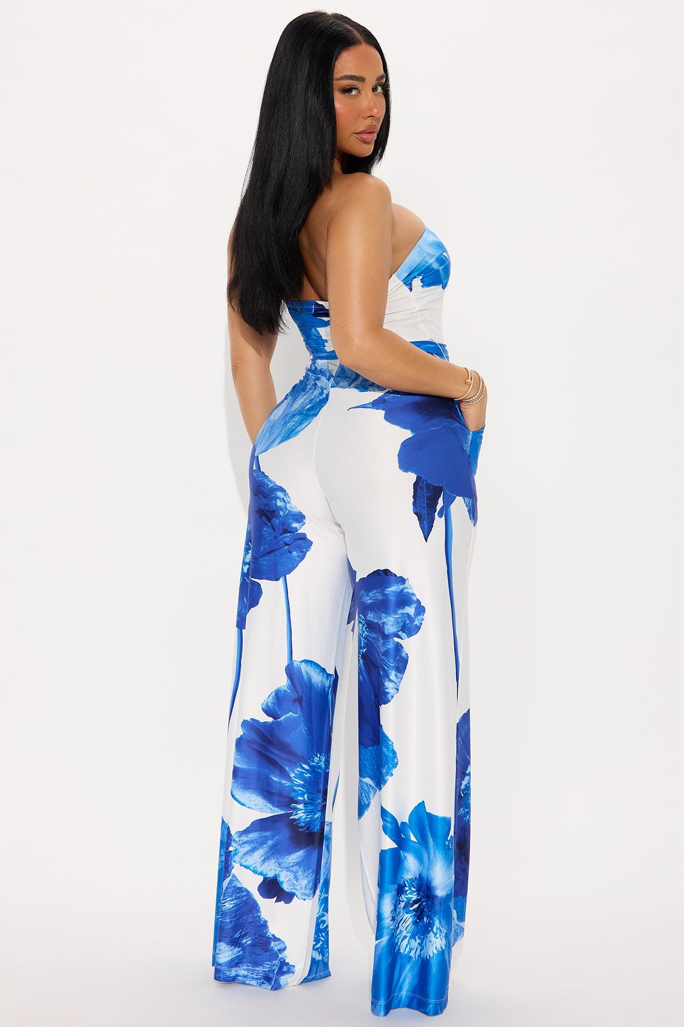 Falling Flower Wide Leg Strapless Jumpsuit - Blue/combo Product Image