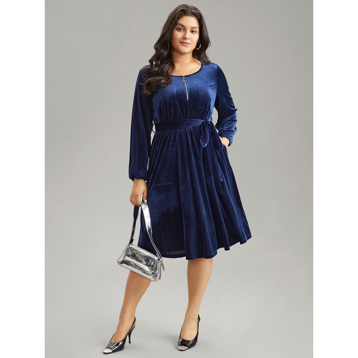 Plus Size Plain Half Zip Belted Pocket Corduroy Dress Indigo Women Office Velvet Round Neck Long Sleeve Curvy Midi Dress BloomChic 18-20/2X Product Image