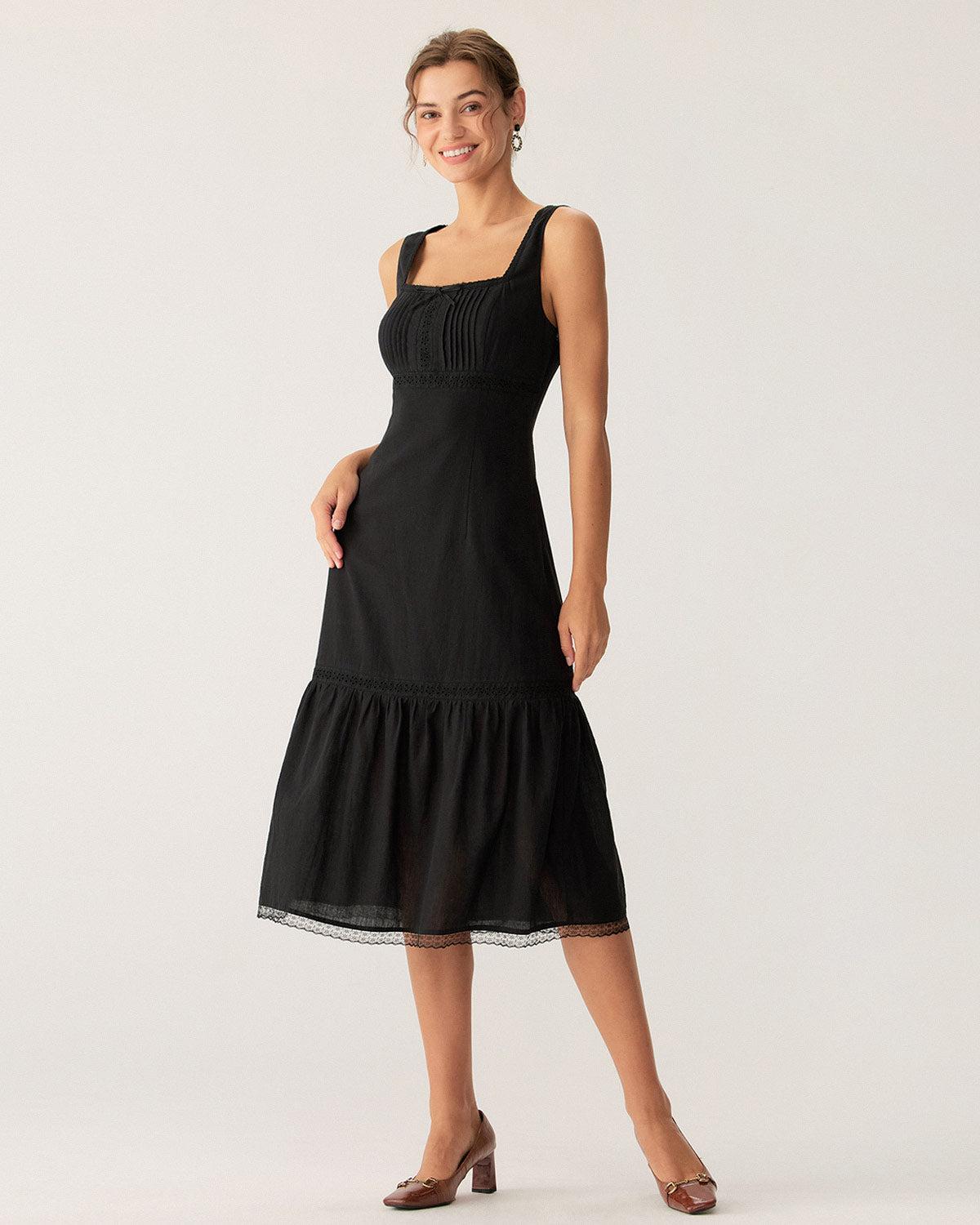 Black Square Neck Ruched Slip Midi Dress Product Image