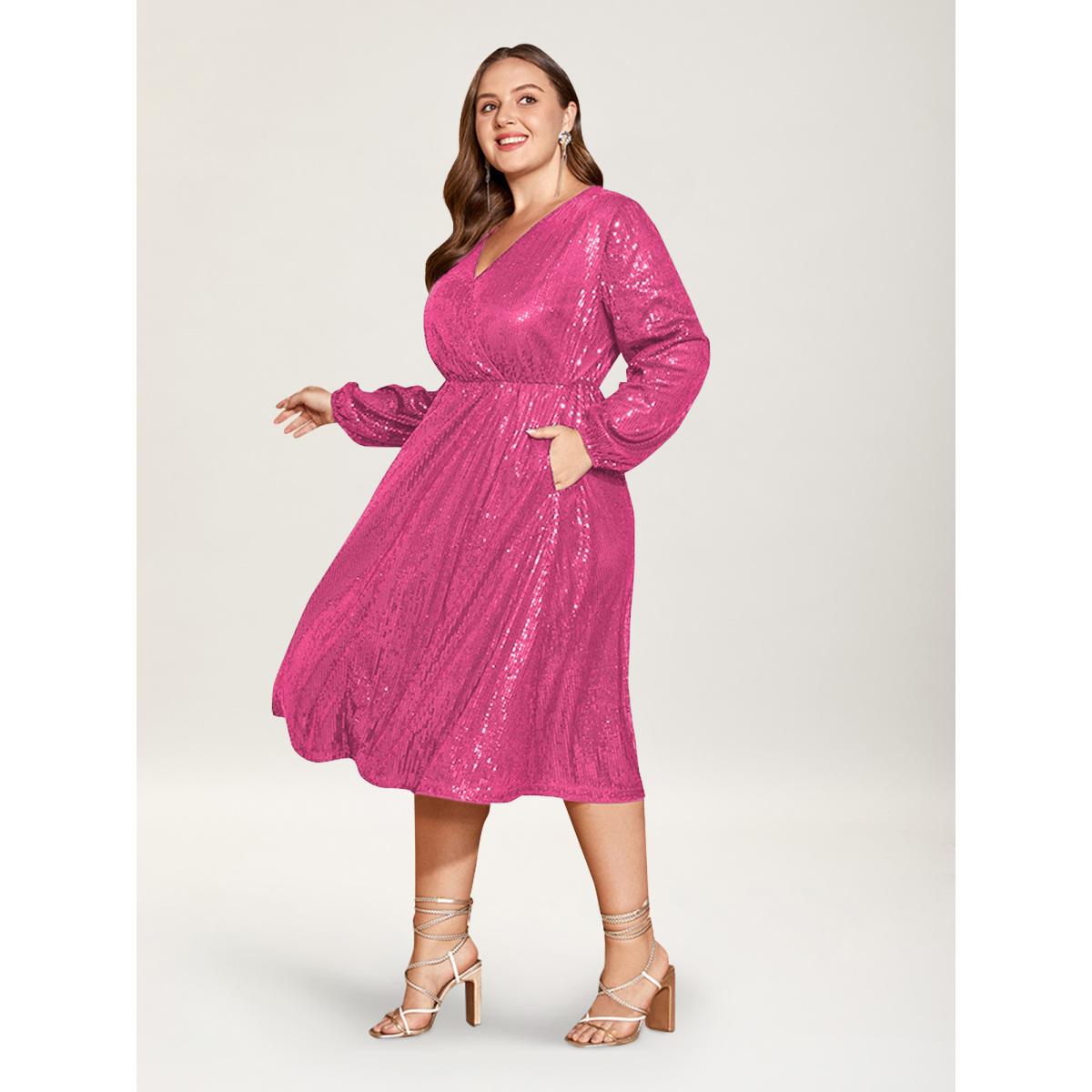 Plus Size Solid Pocket Lantern Sleeve Wrap Sequin Dress Peach Women Party Pocket Overlap Collar Long Sleeve Curvy Midi Dress BloomChic 18-20/2X Product Image