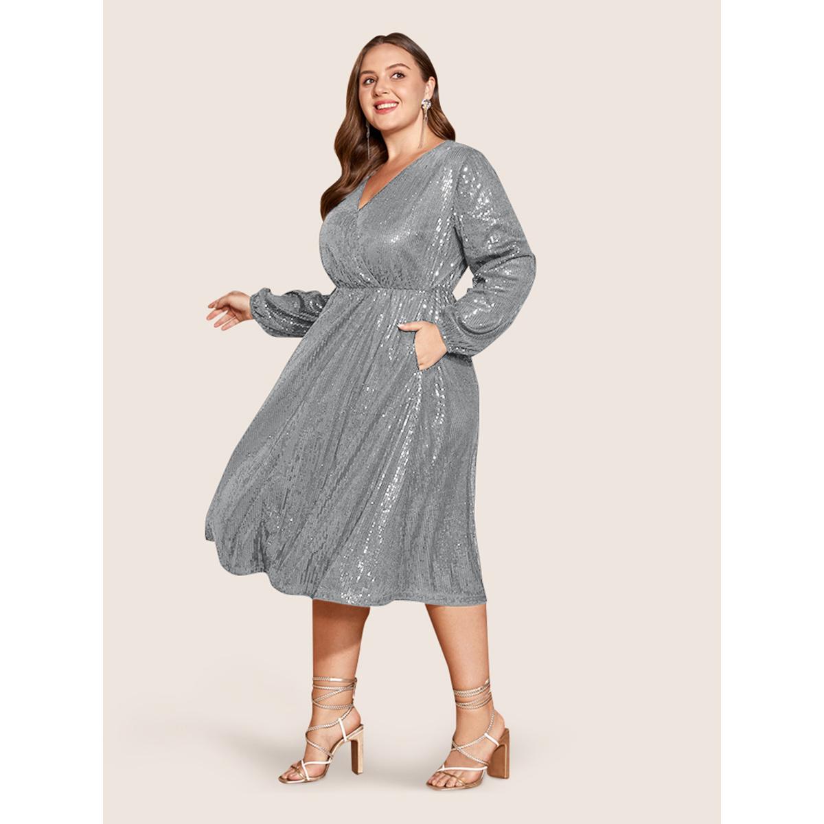 Plus Size Solid Pocket Lantern Sleeve Wrap Sequin Dress LightGray Women Party Pocket Overlap Collar Long Sleeve Curvy Midi Dress BloomChic 18-20/2X Product Image