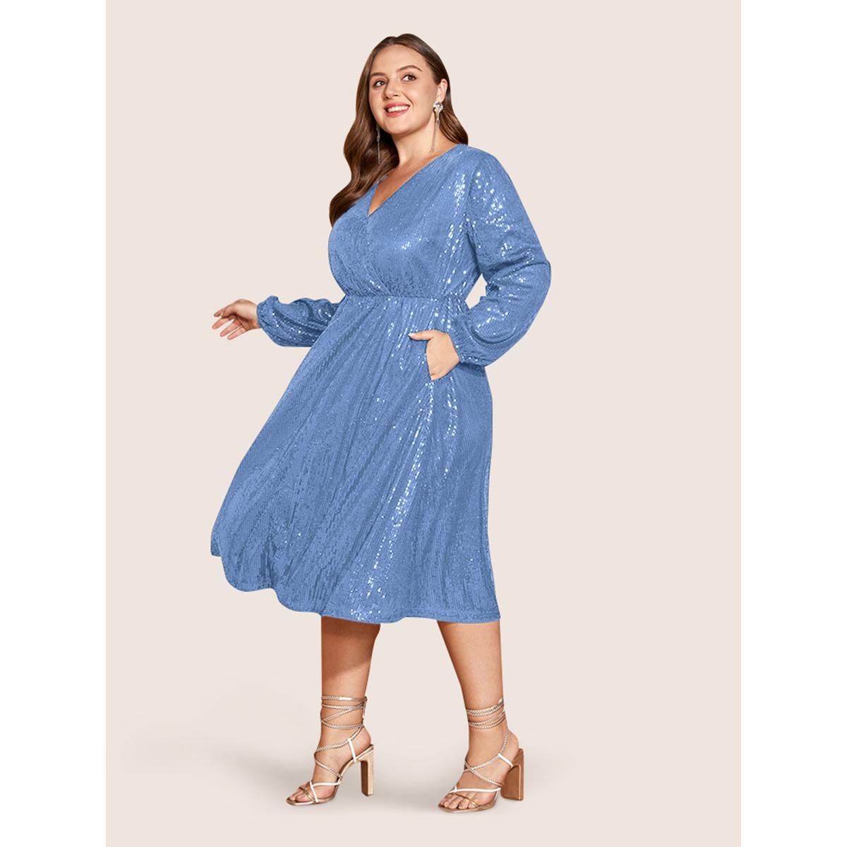 Plus Size Solid Pocket Lantern Sleeve Wrap Sequin Dress Skyblue Women Party Pocket Overlap Collar Long Sleeve Curvy Midi Dress BloomChic 10/M Product Image