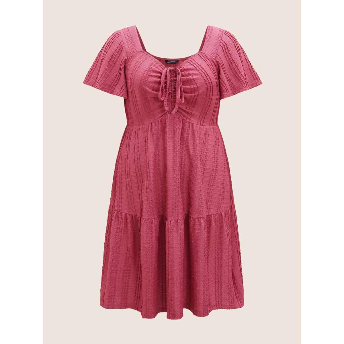 Plus Size Textured Heart Neckline Ruffle Sleeve Dress Rosered Women Elegant Texture Heart neckline Short sleeve Curvy BloomChic 22-24/3X Product Image