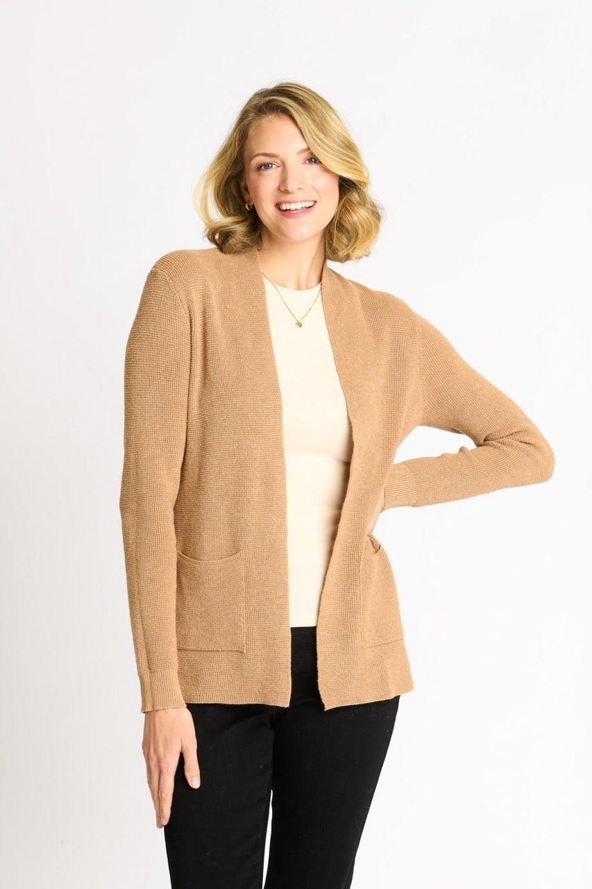 Waffle Stitch Cardigan Sweater with Pocket, Caramel Heather Product Image