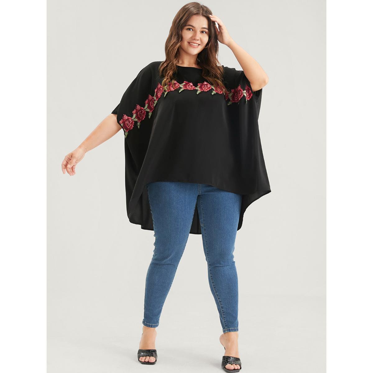 Plus Size Black Plain Ruffles Asymmetrical Hem Dolman Sleeve Embroidered Blouse Women Casual Half Sleeve Round Neck Dailywear Blouses BloomChic 10/M Product Image