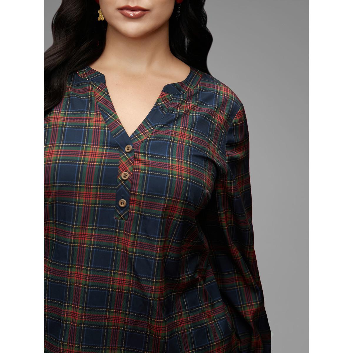 Plus Size Multicolor Plaid Pattern Notched Collar Slim-Fit Blouse Women Casual Long Sleeve Notched collar Everyday Blouses BloomChic 10/M Product Image