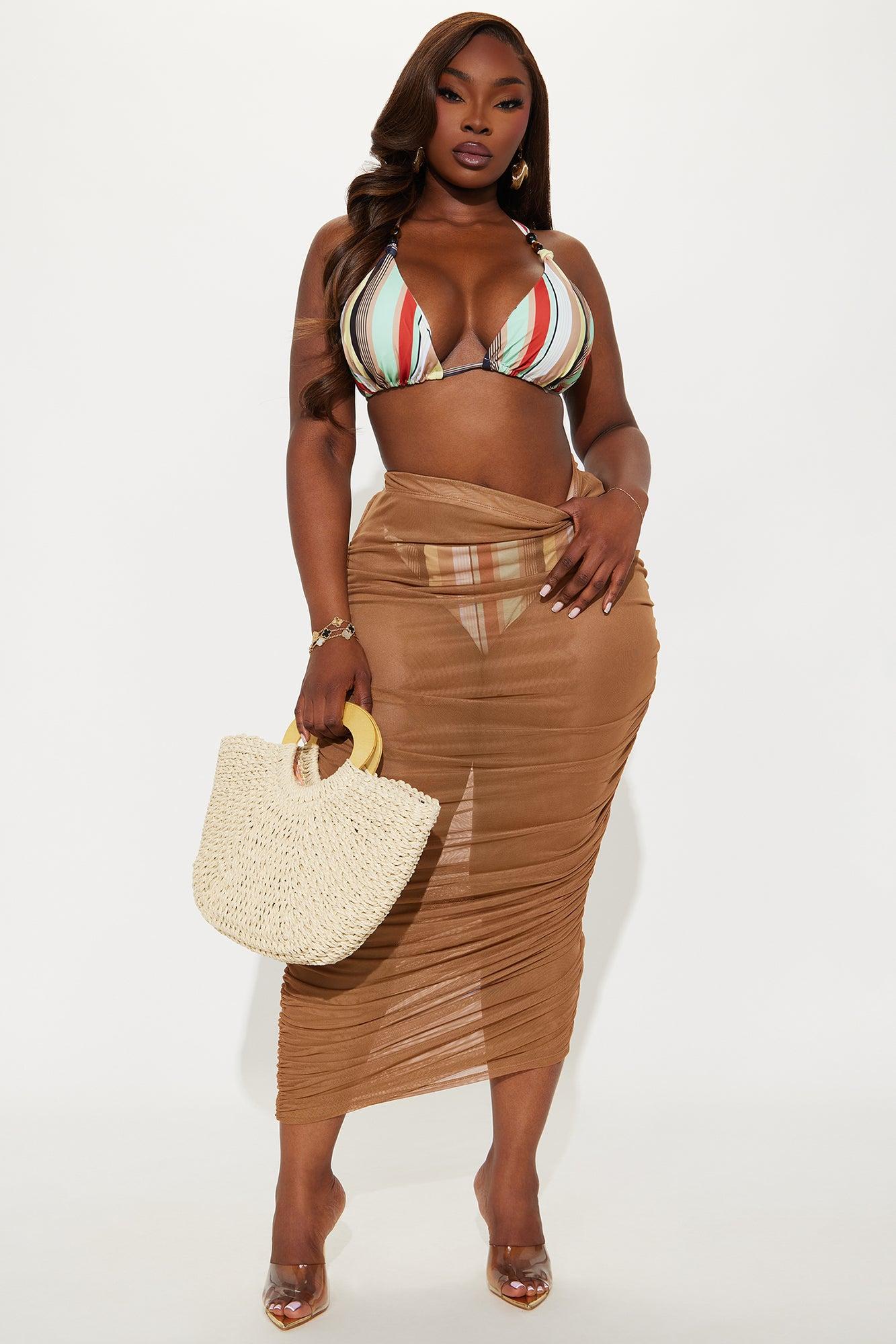 Summer Beach Party Ruched Mesh Cover Up Skirt - Mocha Product Image