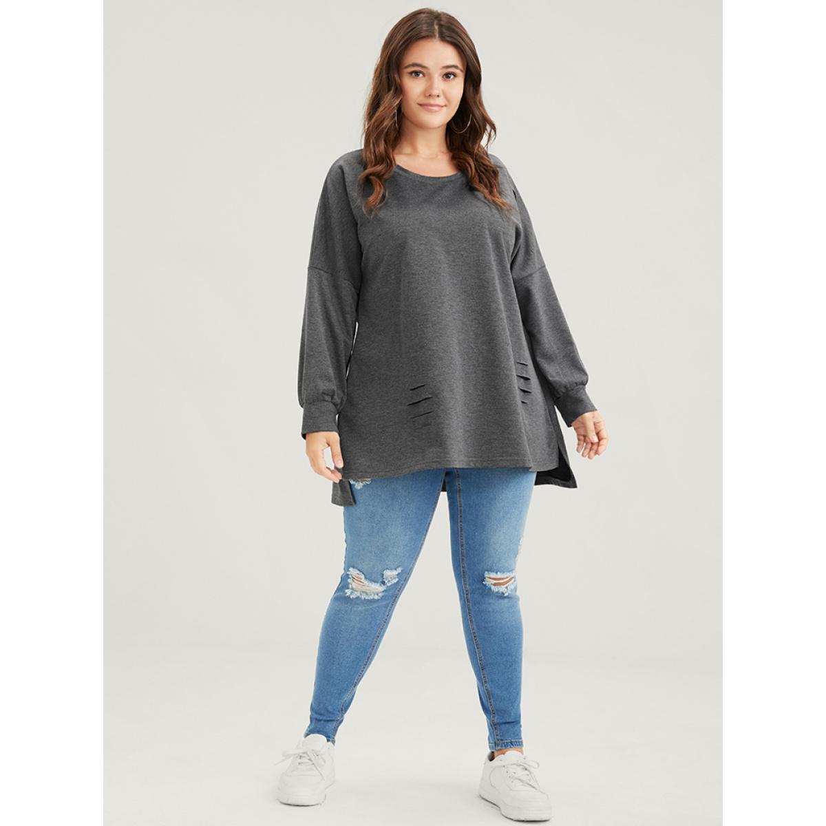 Plus Size Solid Asymmetrical Hem Distressed Drop Shoulder Sweatshirt Women DimGray Casual Plain Round Neck Dailywear Sweatshirts BloomChic 12/L Product Image