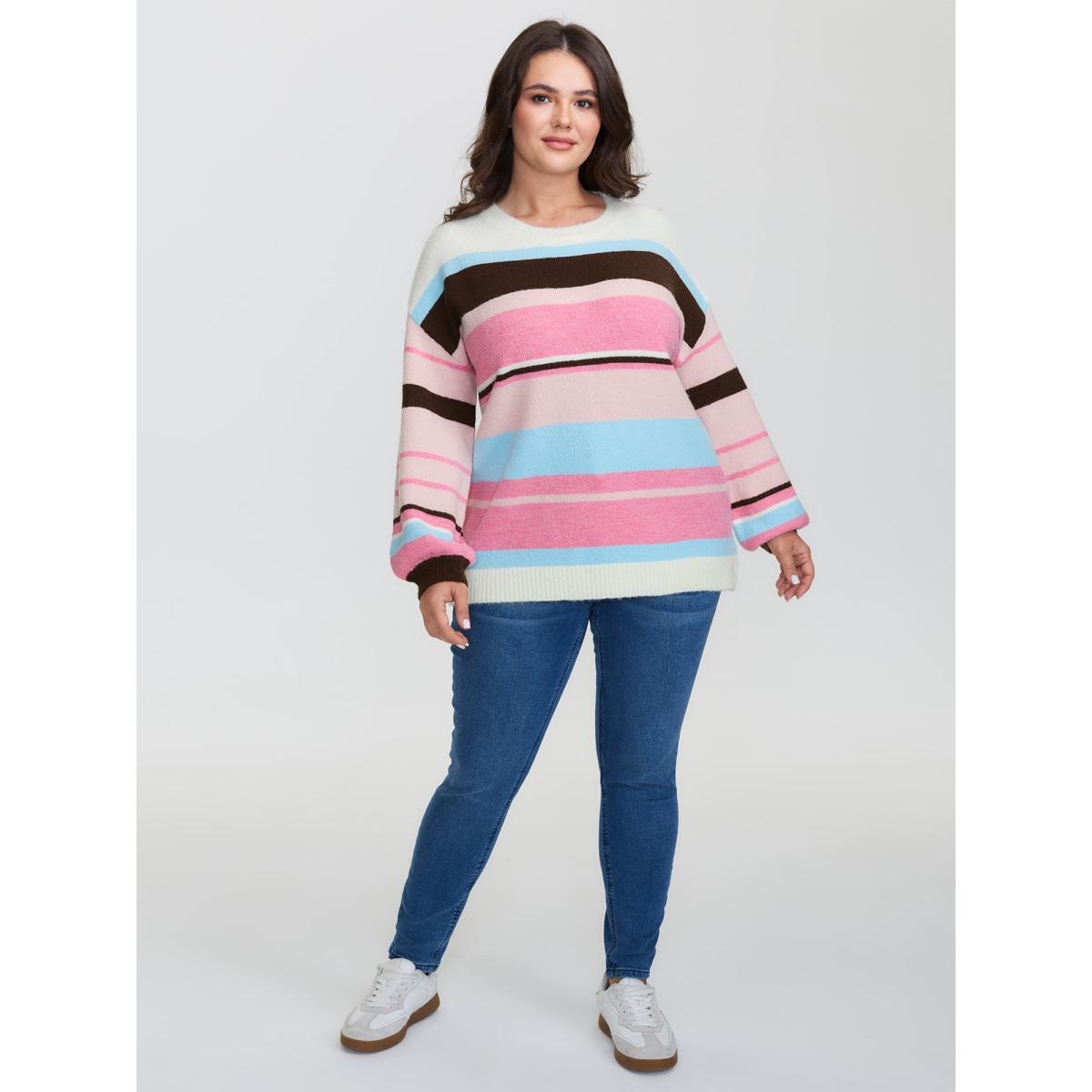 Plus Size Colorful Stripes Drop Shoulder Lantern Sleeve Pullover Blush Women Loose Long Sleeve Round Neck Casual Pullovers BloomChic 18-20/2X Product Image