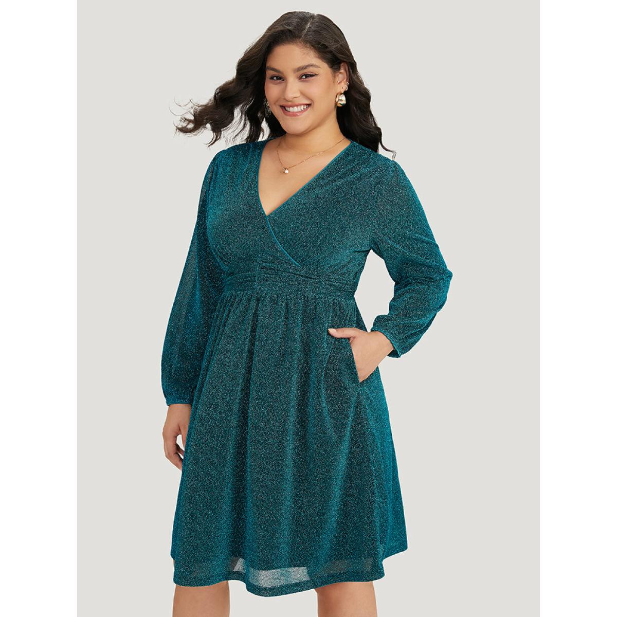 Plus Size Glitter Overlap Collar Pocket Ruched Dress Teal Women Elegant Elastic cuffs V-neck Long Sleeve Curvy Midi Dress BloomChic 22-24/3X Product Image