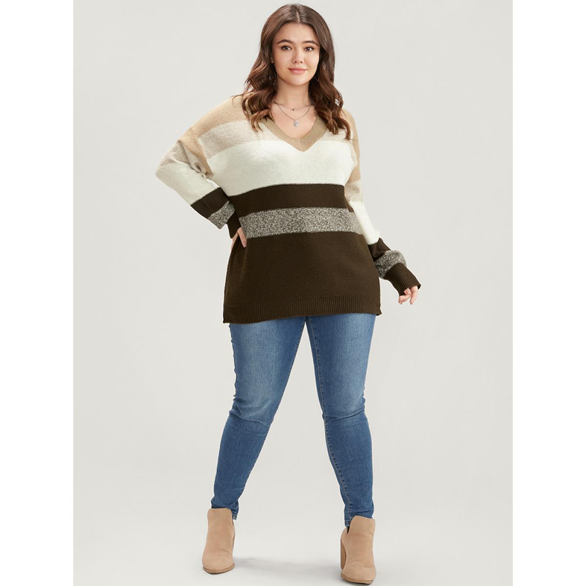 Plus Size Colorblock Contrast Soft Sexy Yarn Knit Fluffy Knit Top Brown Women Casual Loose Long Sleeve V-neck Dailywear Pullovers BloomChic 10/M Product Image