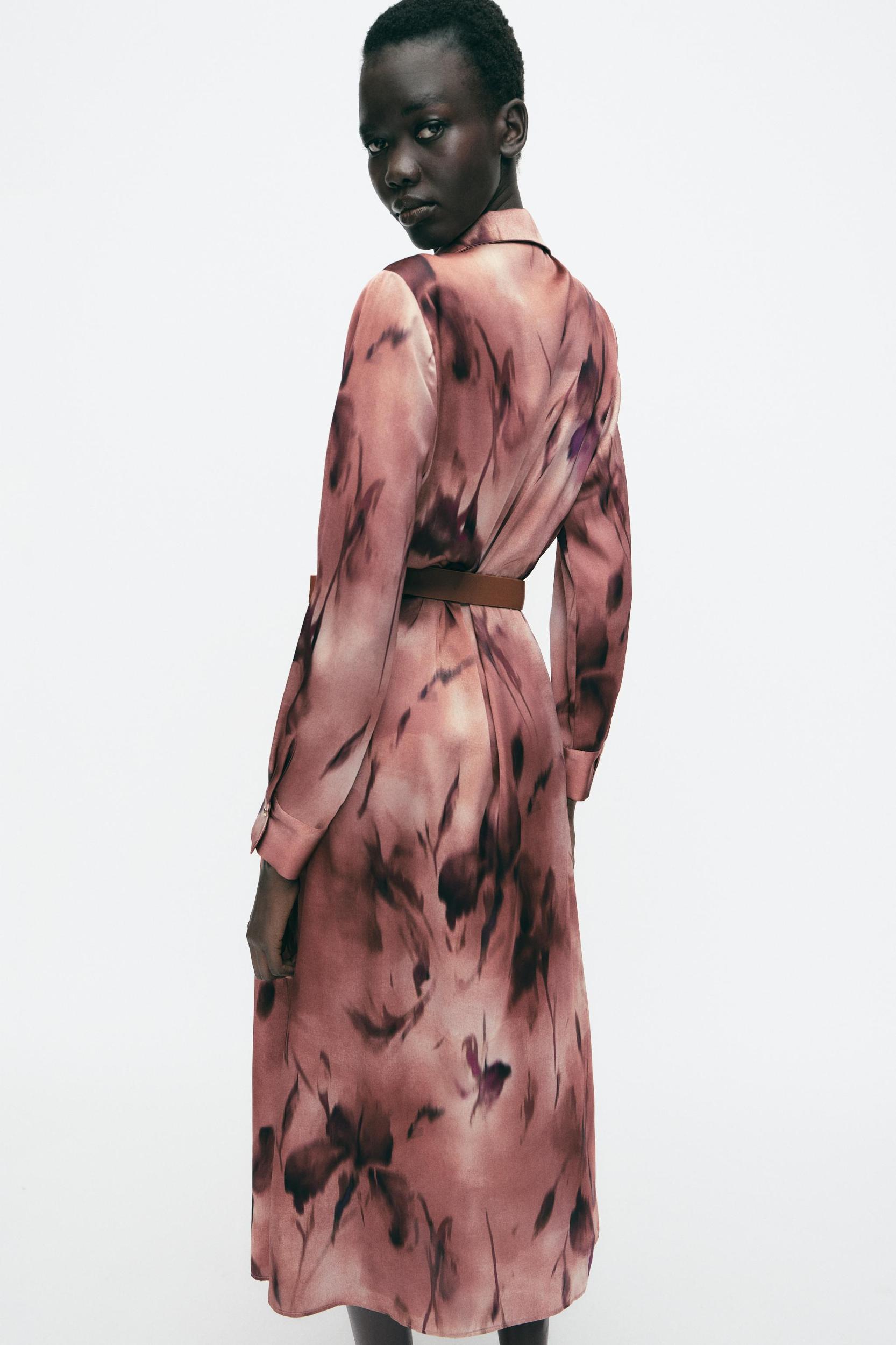 PRINTED SATIN MIDI DRESS WITH BELT Product Image