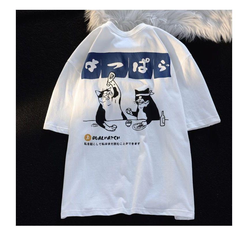 Short-Sleeve Cat Print Loose-Fit Tee Product Image