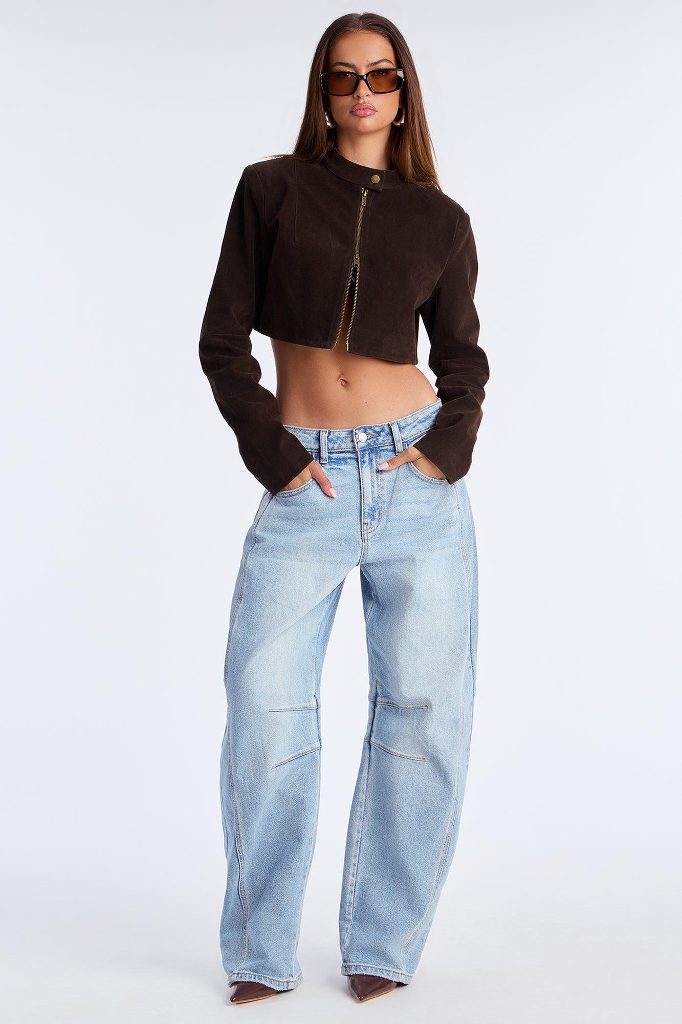 Blake Cropped Faux Suede Moto Jacket - Chocolate Female Product Image