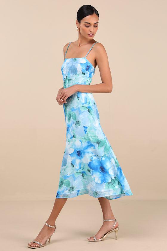 Radiant Feelings Blue and Green Floral Chiffon Midi Dress Product Image
