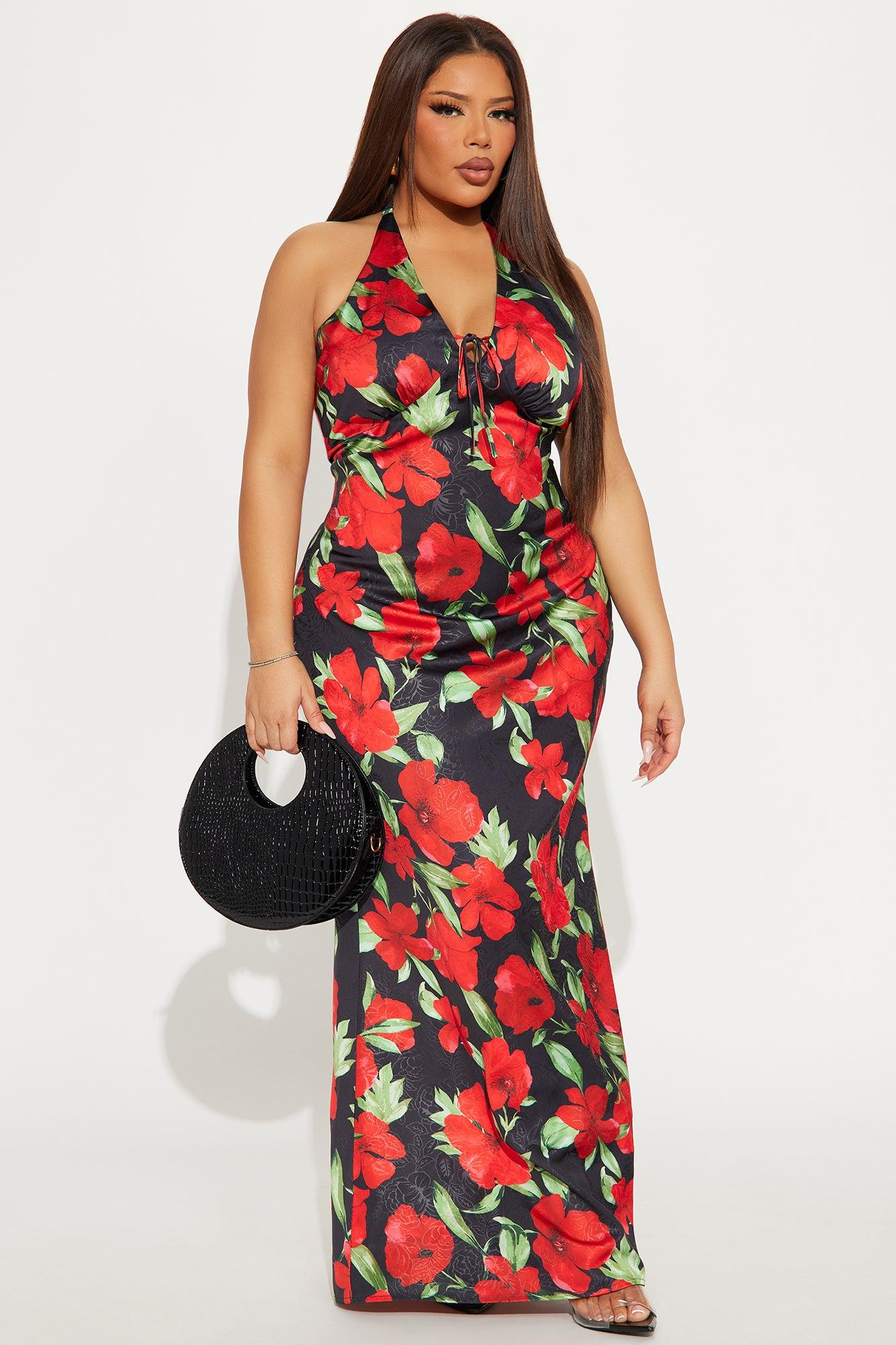 Tia Satin Floral Maxi Dress - Red/combo Product Image