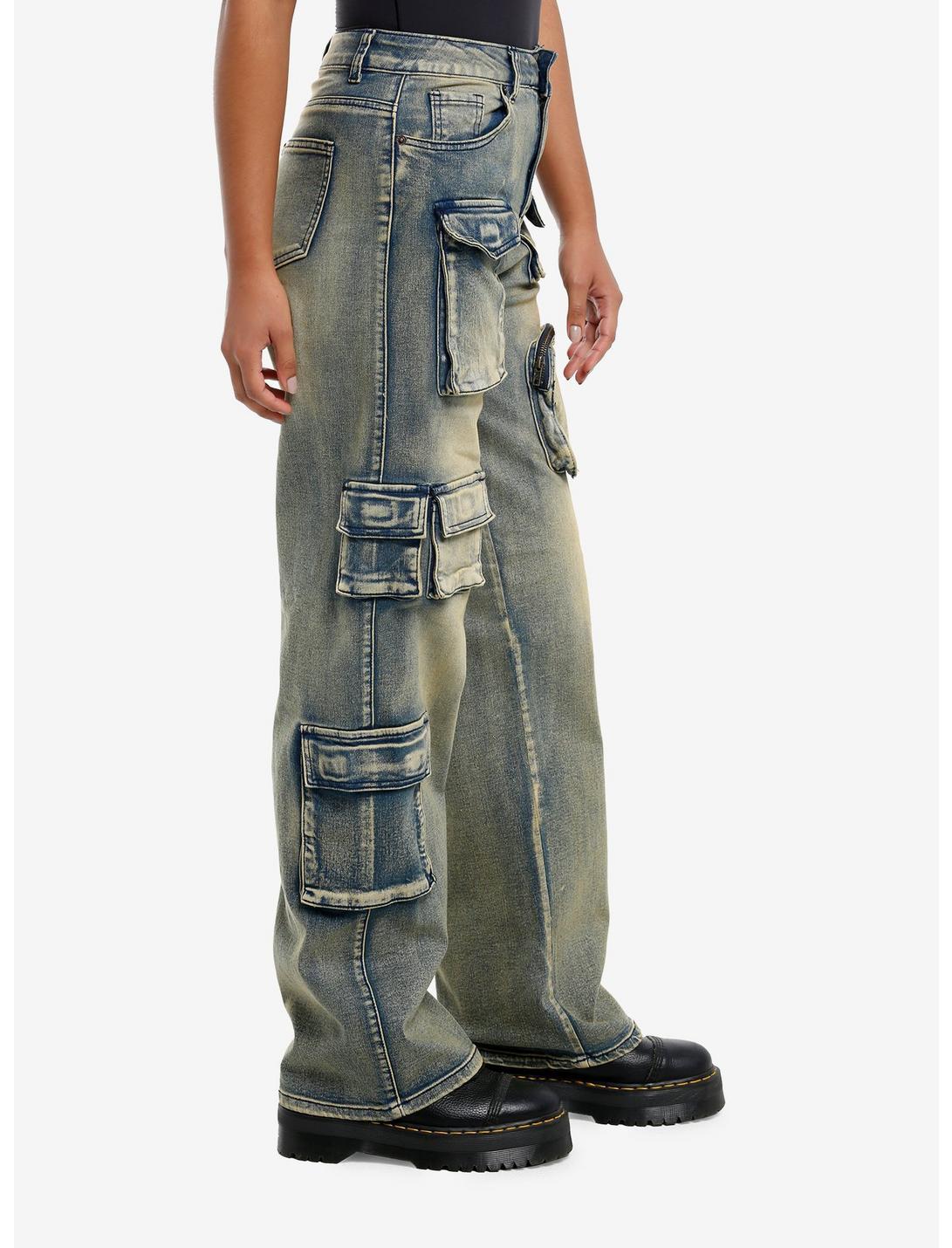 Vintage Wash Cargo Pocket Wide Leg Denim Pants Product Image