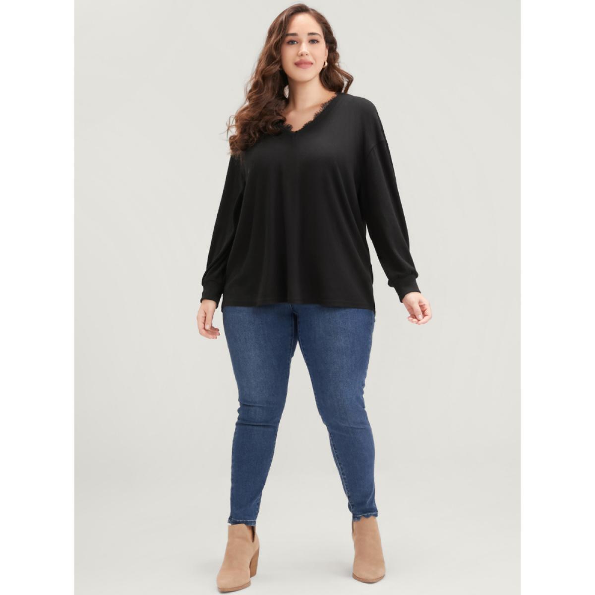 Plus Size Solid V Neck Lace Trim Drop Shoulder Sweatshirt Women Black Elegant Lace V-neck Dailywear Sweatshirts BloomChic 30/6X Product Image