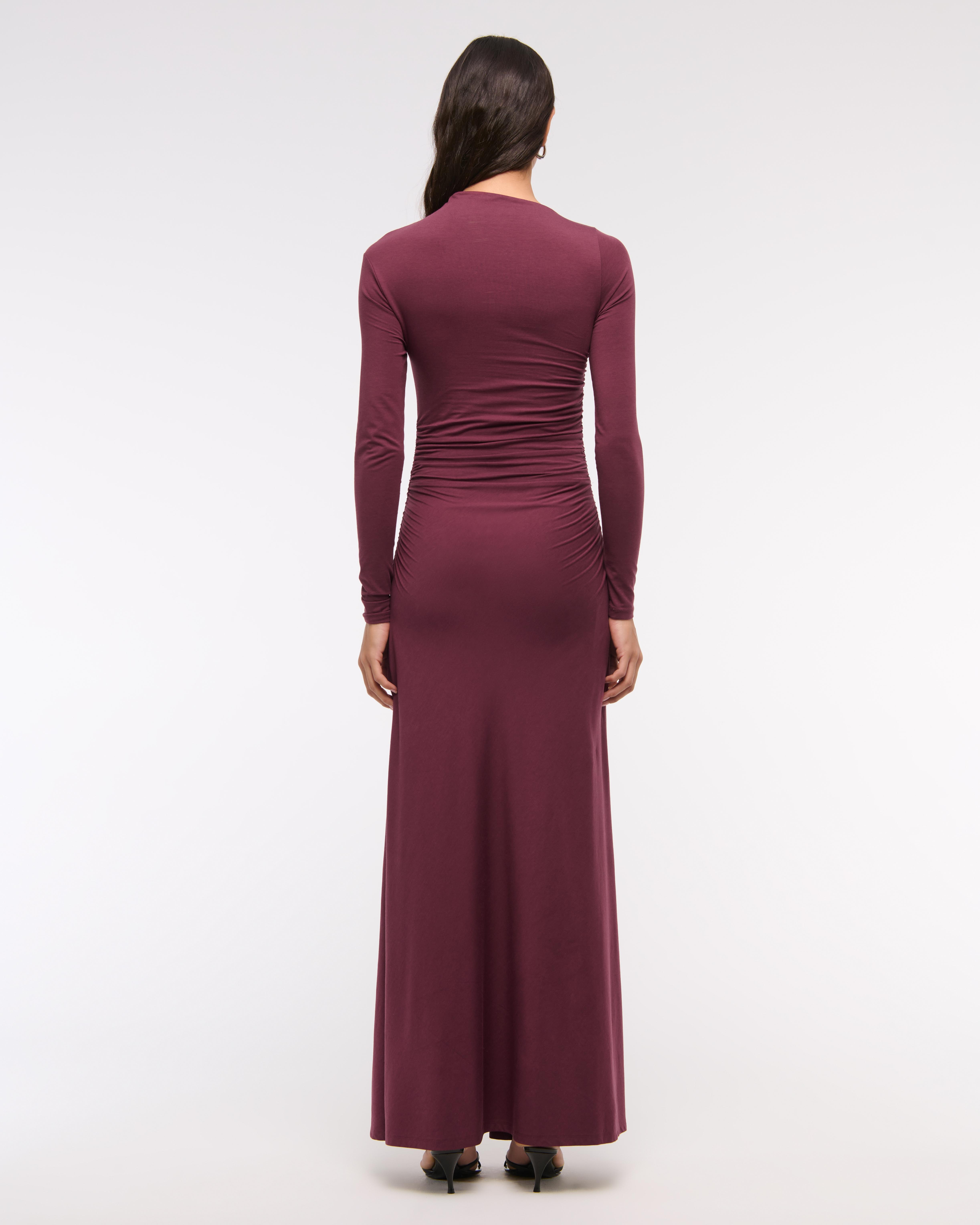 Long-Sleeve Draped Knit Maxi Dress Product Image