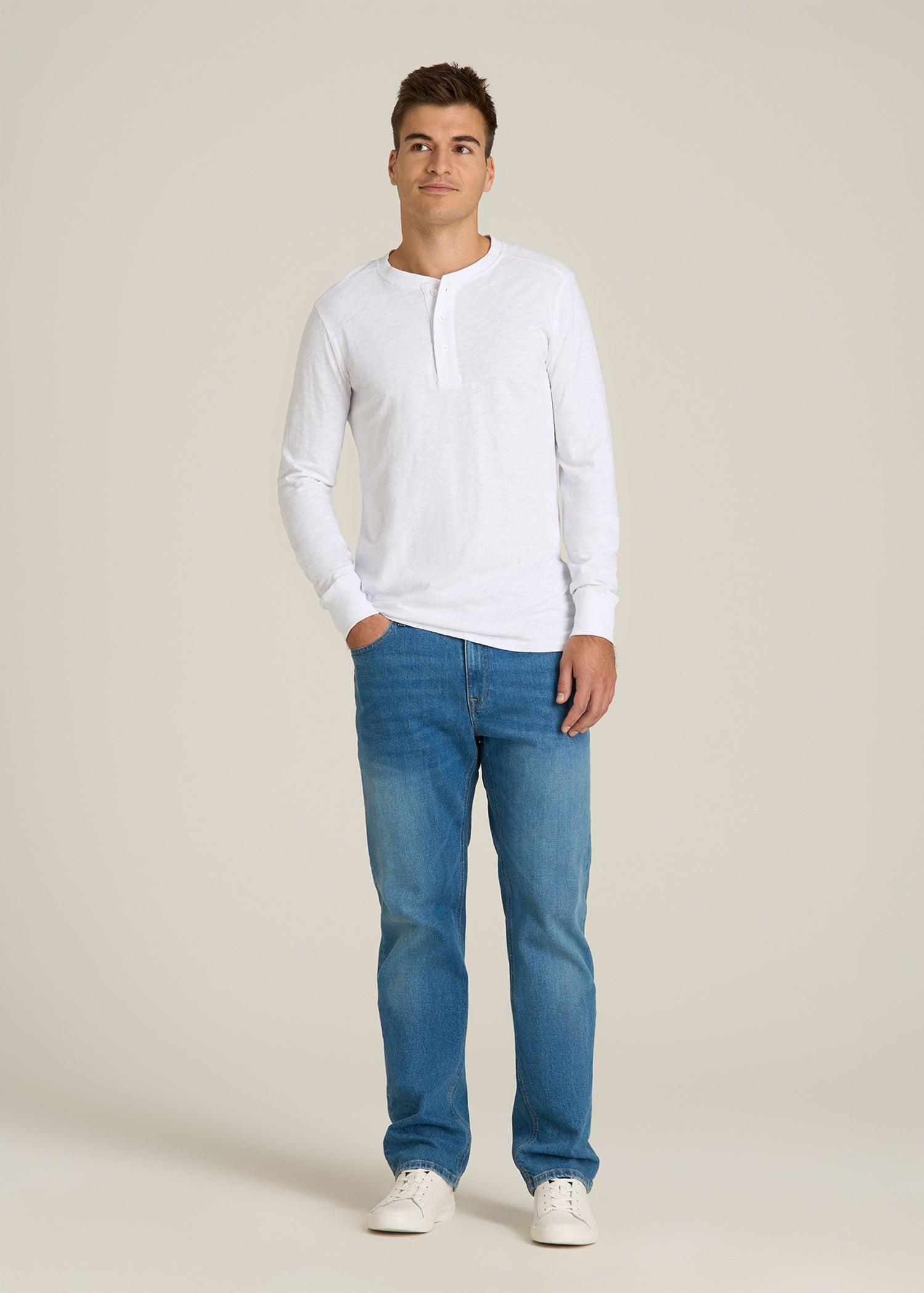 Three-Button Long Sleeve Slub Henley for Tall Men in White Male Product Image