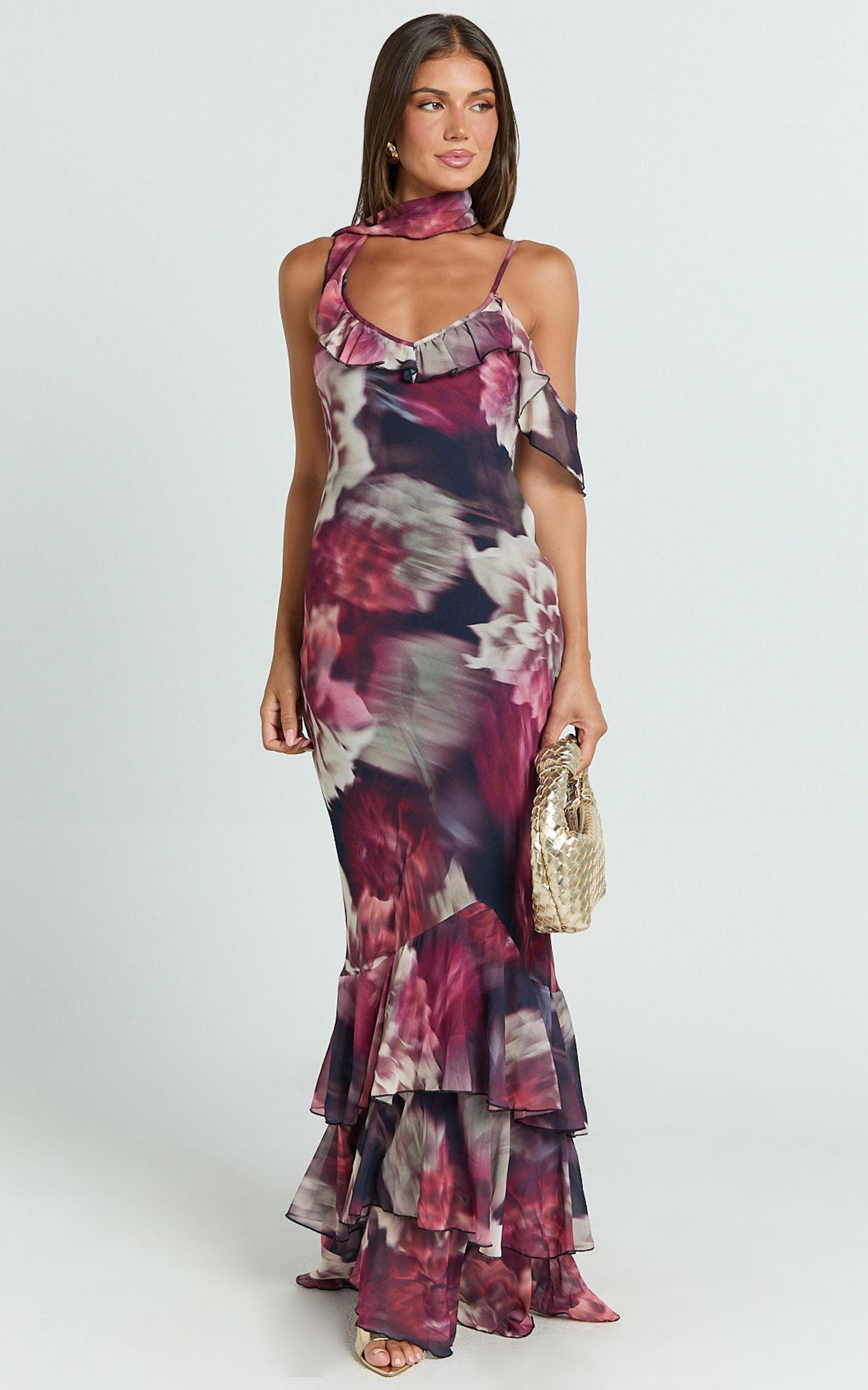 Riley Maxi Dress - Asymmetric Ruffle Detail Maxi Dress in Mariache Rose Product Image