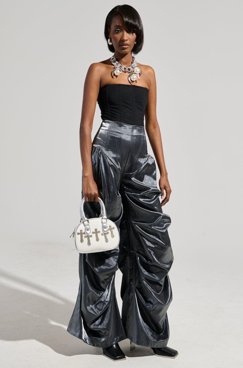 BELLA SATIN HIGH RISE TROUSER IN GREY Product Image