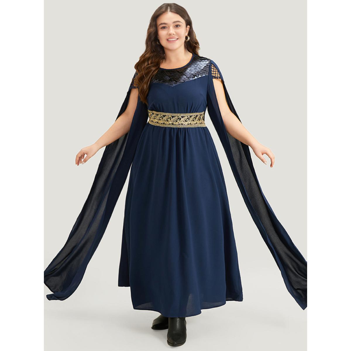 Plus Size Halloween Sequin Detail Embroidered Cut Out Dress DarkBlue Women Elegant Patchwork Round Neck Sleeveless Curvy Long Dress BloomChic 14-16/1X Product Image
