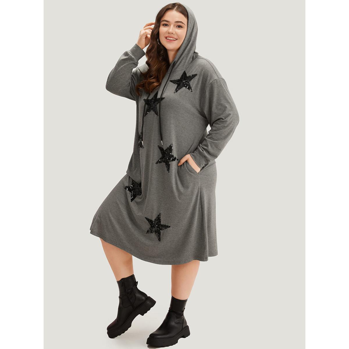 Plus Size Star Sequin Drawstring Pocket Hooded Dress DimGray Women Casual Plain Hooded Long Sleeve Curvy Midi Dress BloomChic 22-24/3X Product Image