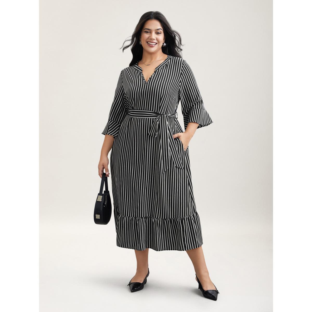 Plus Size Striped Belted Notched Collar Midi Dress Black Women At the Office Belted Flat collar with V-notch Elbow-length sleeve Curvy BloomChic 28/5X Product Image