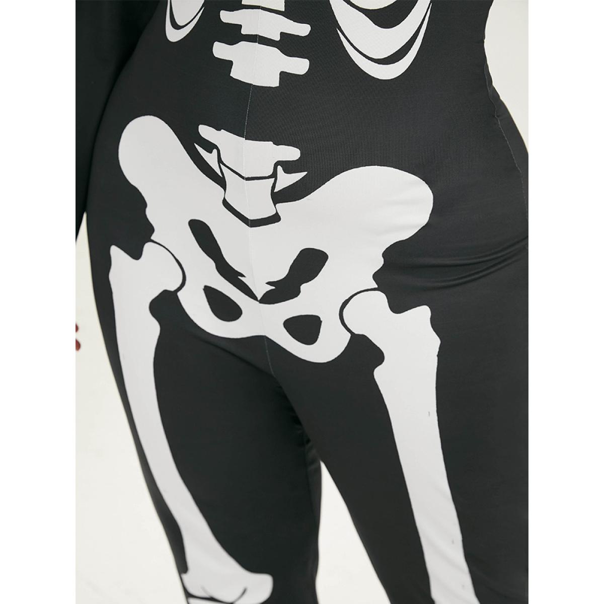 Plus Size Black Halloween Skull Print Skinny Crew Neck Jumpsuit Women Casual Long Sleeve Round Neck Festival-Halloween Loose Jumpsuits BloomChic 26/4X Product Image