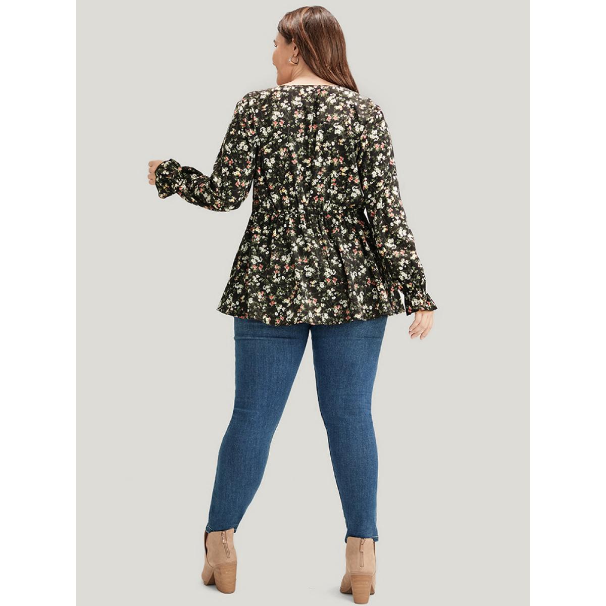 Plus Size Black Floral V Neck Lantern Sleeve Ruffles Blouse Women Elegant Long Sleeve V-neck Dailywear Blouses BloomChic 14-16/1X Product Image