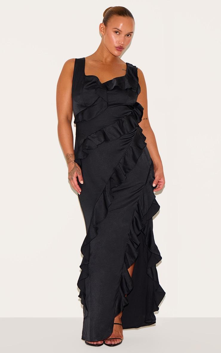 Plus Black Satin Frill Layered Maxi Dress Product Image