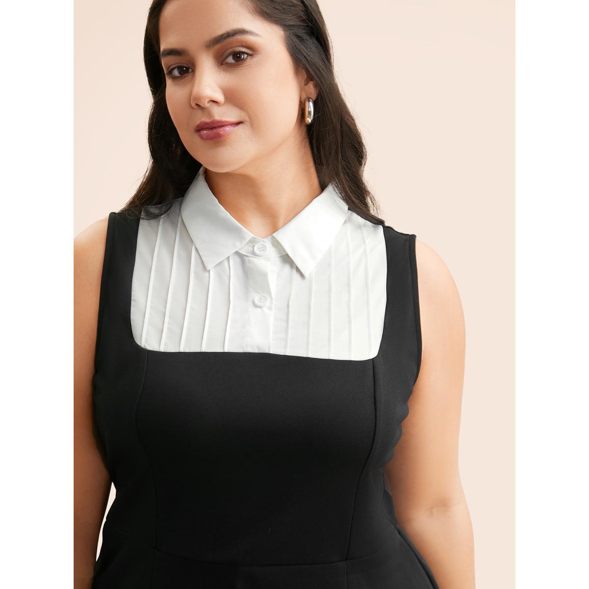 Plus Size Contrast Patchwork Tucked Seam Sleeveless Dress Black Women Elegant Tucked seam Shirt collar Sleeveless Curvy BloomChic 22-24/3X Product Image
