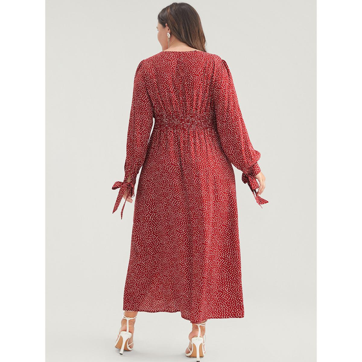 Plus Size Polka Dot Knotted Sleeve Pocket Shirred Split Dress Scarlet Women Elegant Cross straps Round Neck Long Sleeve Curvy Midi Dress BloomChic 14-16/1X Product Image