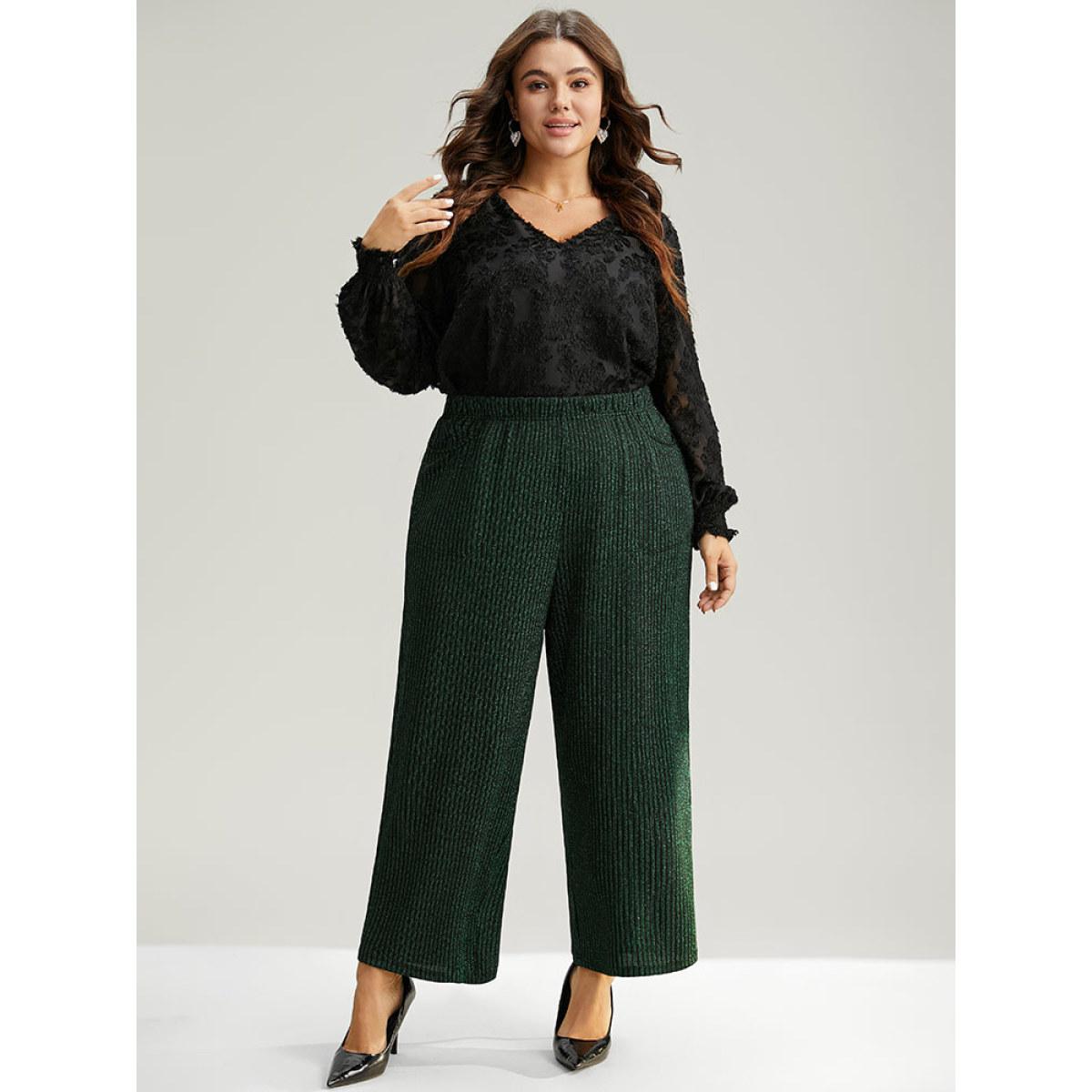 Plus Size Plain Texture Luxe Elastic Waist Straight Leg Pants Women Green Glamour Straight Leg High Rise Festival-Christmas Pants BloomChic 30/6X Product Image
