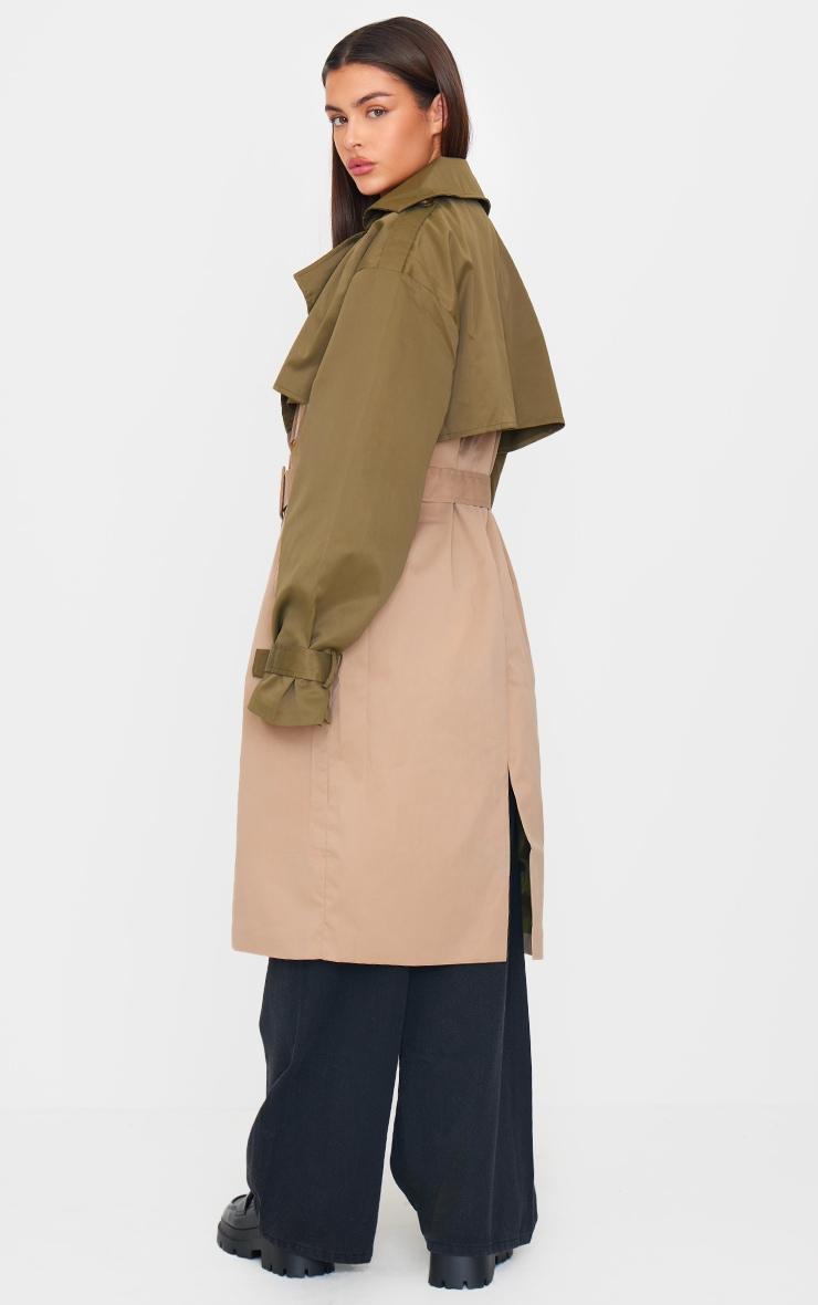 Khaki Contrast Oversized Belted Midi Trench Coat Product Image