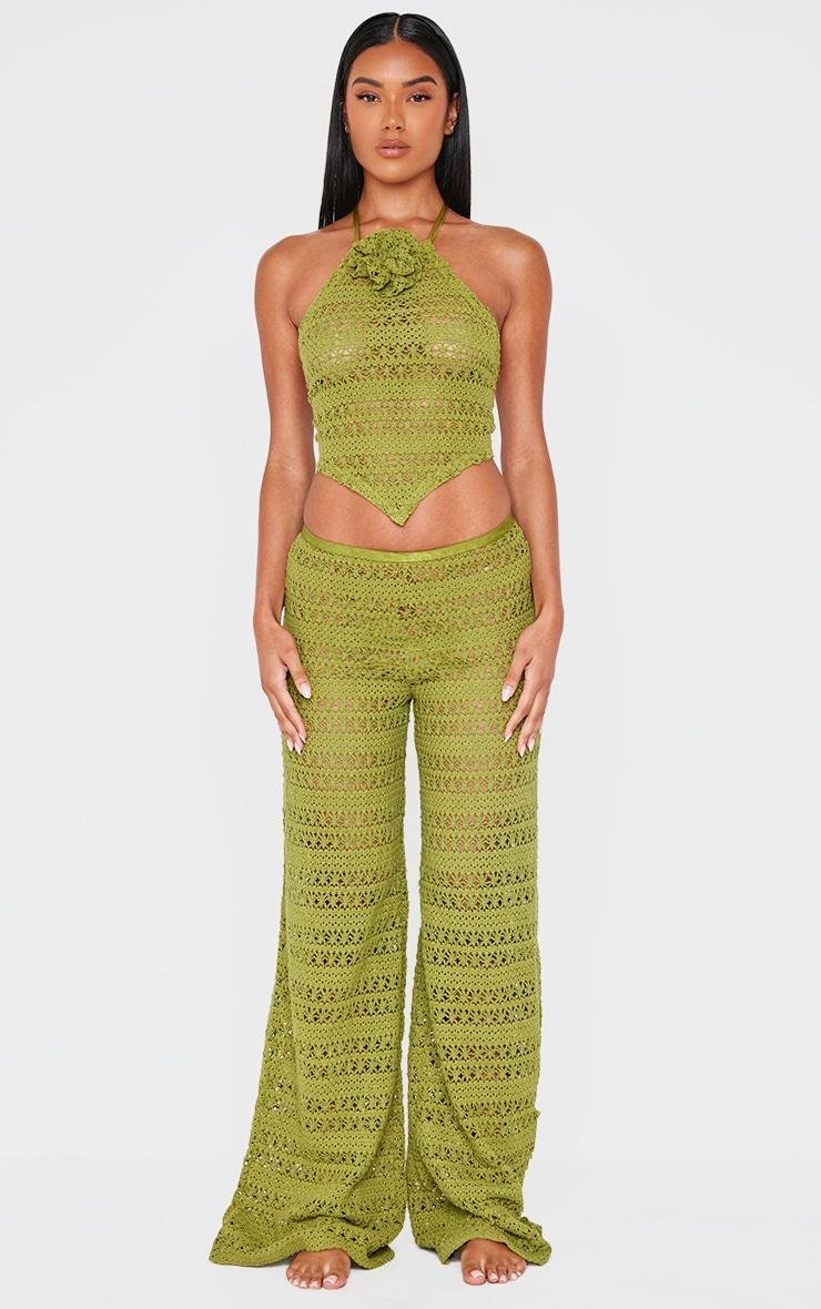 Khaki Crochet Flower Detail Halterneck Beach Top Product Image