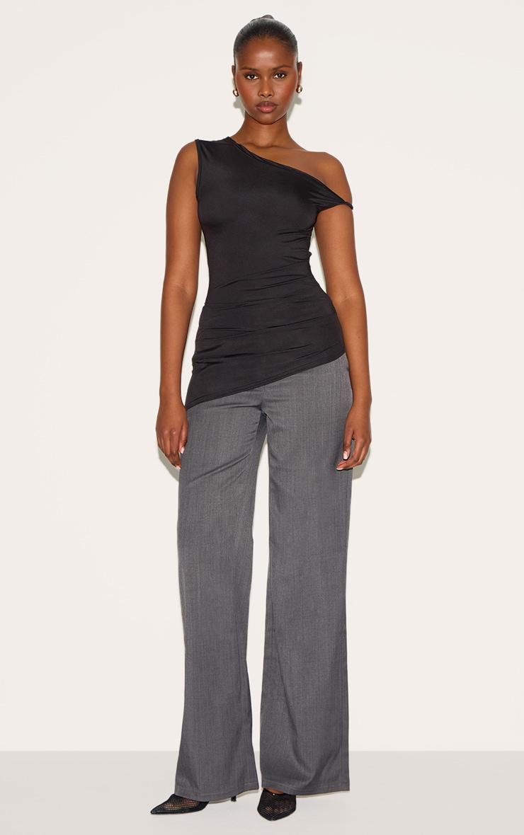 Black Ruched Detail Asymmetric Slinky Long Top Product Image