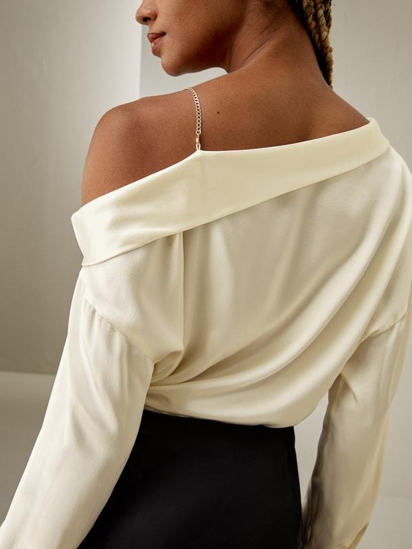 LILYSILK Women's Chic Silk Charmeuse One-Shoulder Party Top with Chain Lily White L Product Image