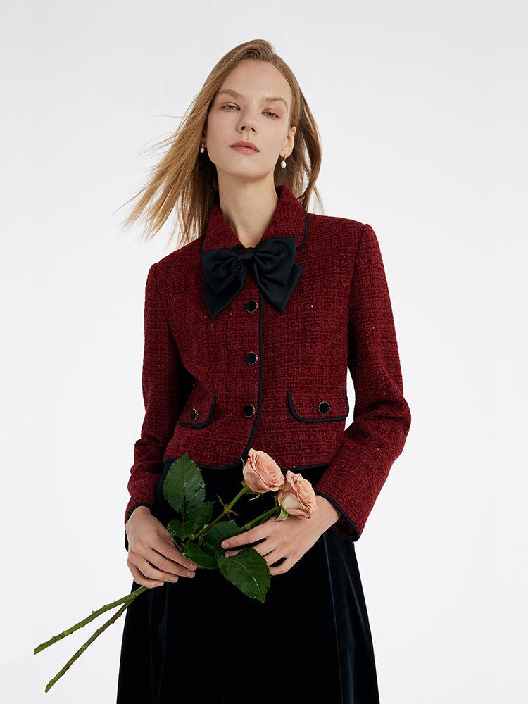 Tweed Jacket And Velvet Skirt Two-Piece Set With Detachable Bowknot Product Image