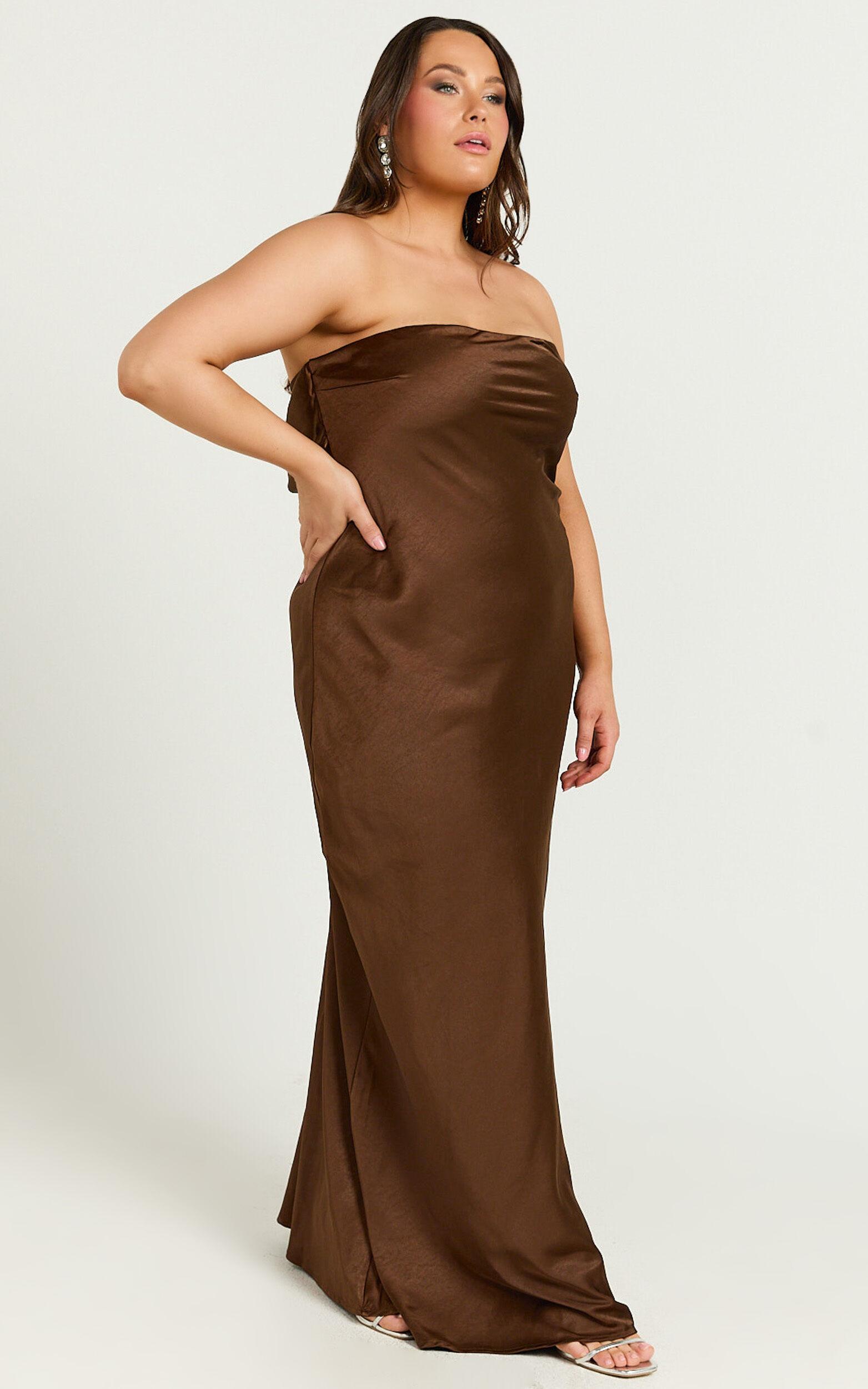 Charlita Maxi Dress - Strapless Cowl Back Satin Dress in Chocolate Product Image