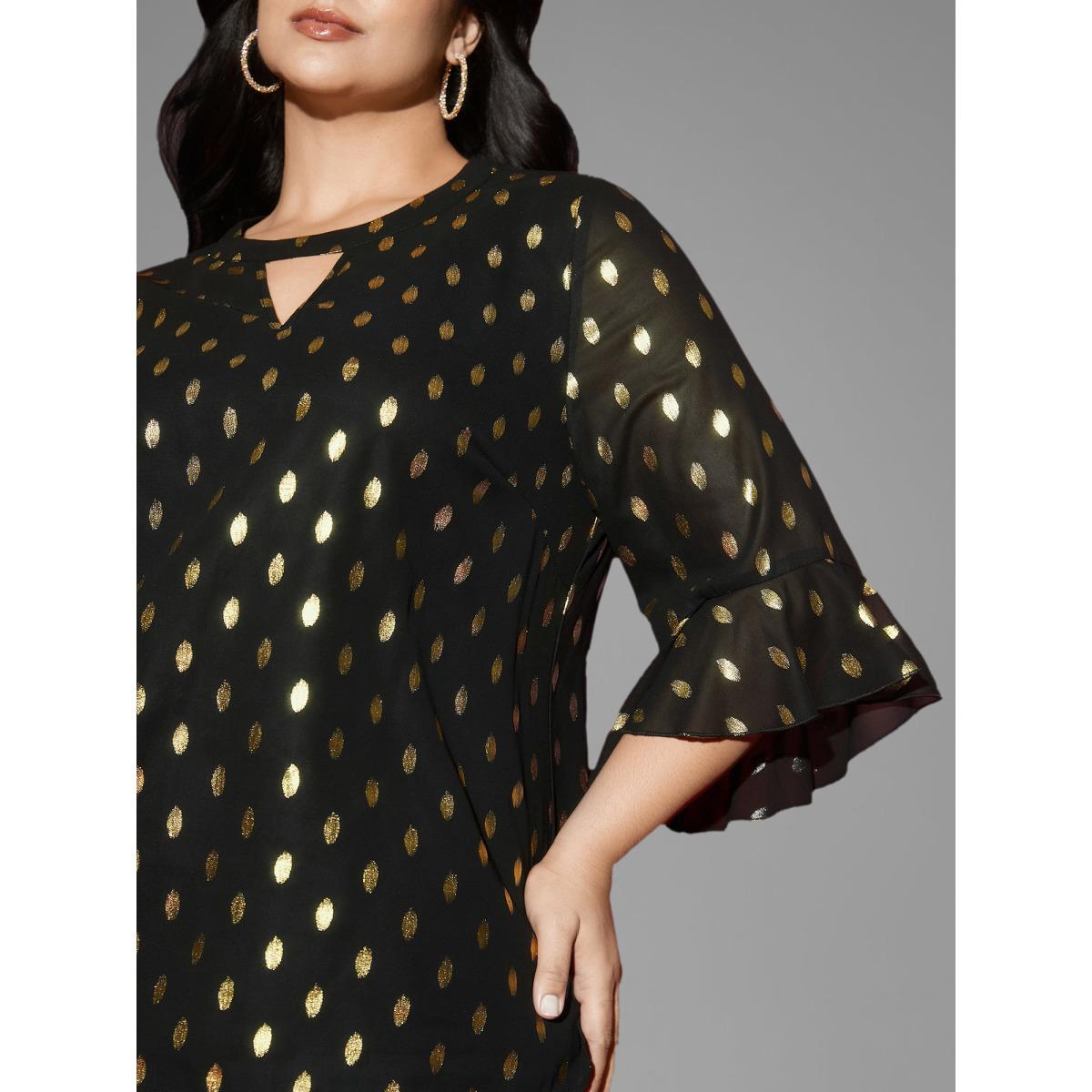 Plus Size Black Gold Foil Neck Cut-Out Blouse Women Cocktail Elbow-length sleeve Round Neck Party Blouses BloomChic 30/6X Product Image