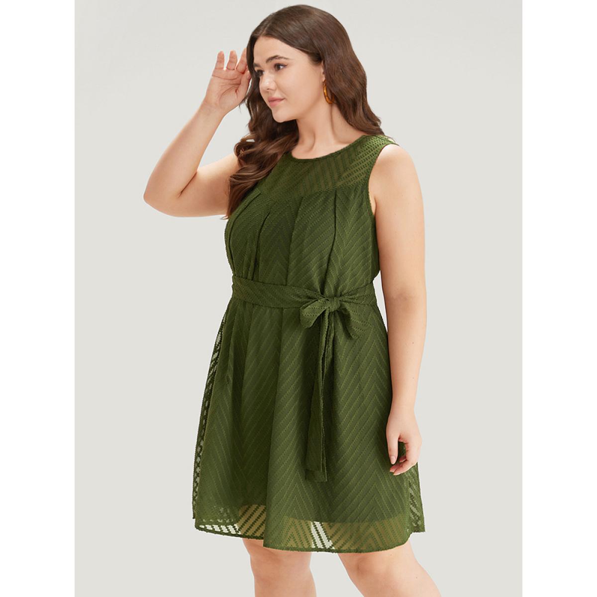 Plus Size Plisse Mesh Patchwork Belted Pleated Dress ArmyGreen Women Office Texture Round Neck Sleeveless Curvy Knee Dress BloomChic 28/5X Product Image