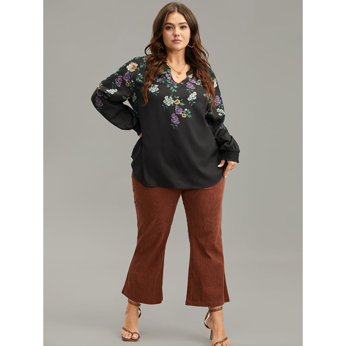 Plus Size Black Floral Print Shirred Curved Hem Blouse Women Elegant Long Sleeve V-neck Dailywear Blouses BloomChic 28/5X Product Image