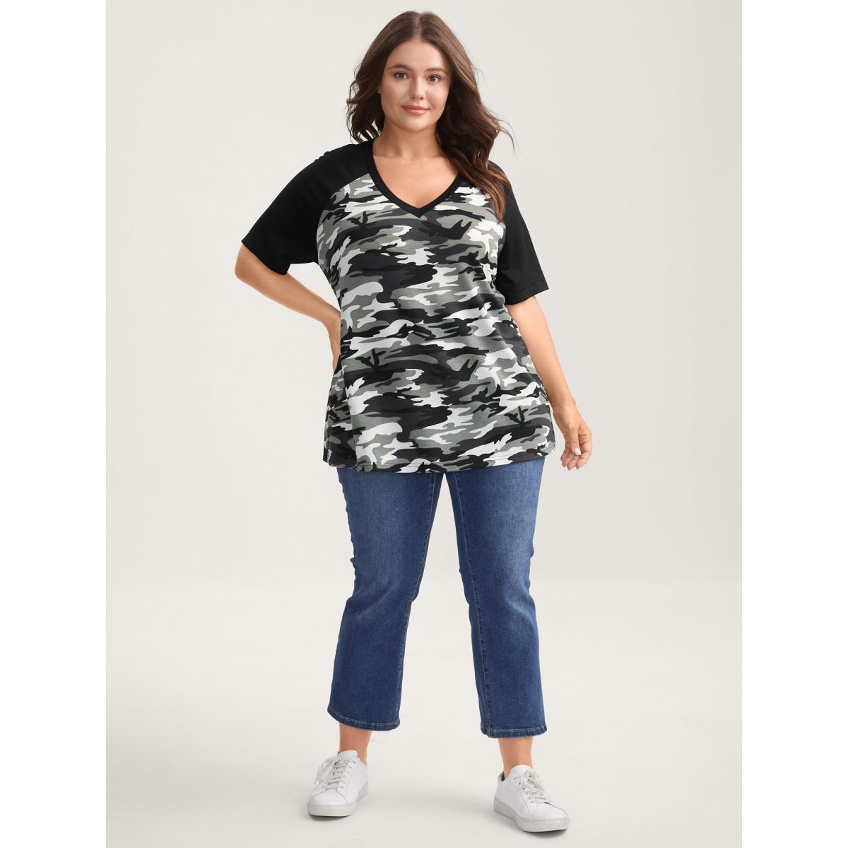 Plus Size Camouflage Print Raglan Sleeve T-Shirt Sage Women Contrast V-neck Everyday-Casual T-shirts BloomChic 10/M Product Image