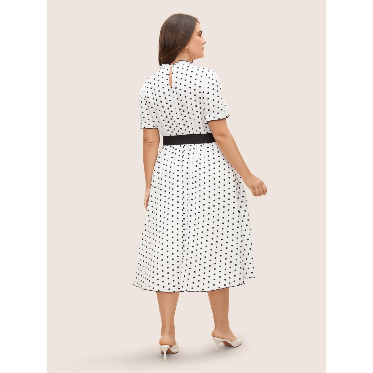 Plus Size Bow Polka Dot Midi Dress Originalwhite Women Elegant Belted Mock Neck Short sleeve Curvy BloomChic 26/4X Product Image