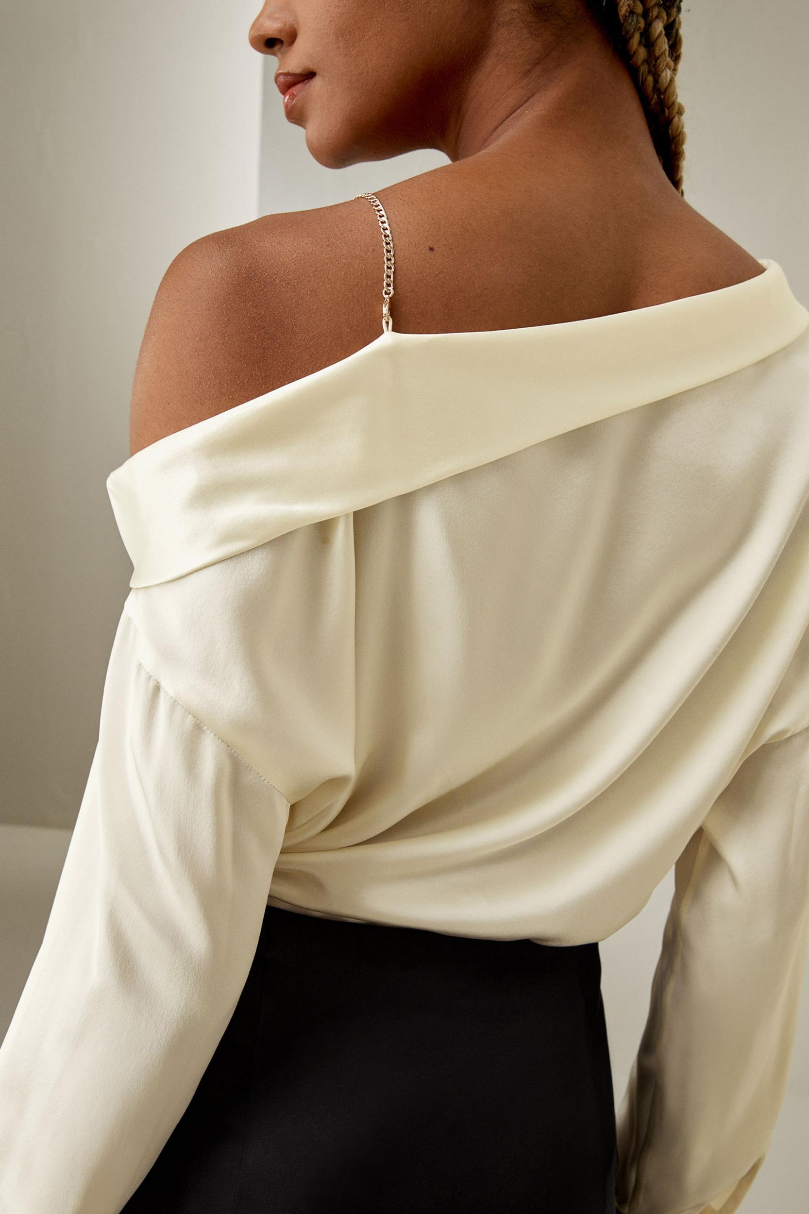 LILYSILK Women's Chic Silk Charmeuse One-Shoulder Party Top with Chain Lily White L Product Image