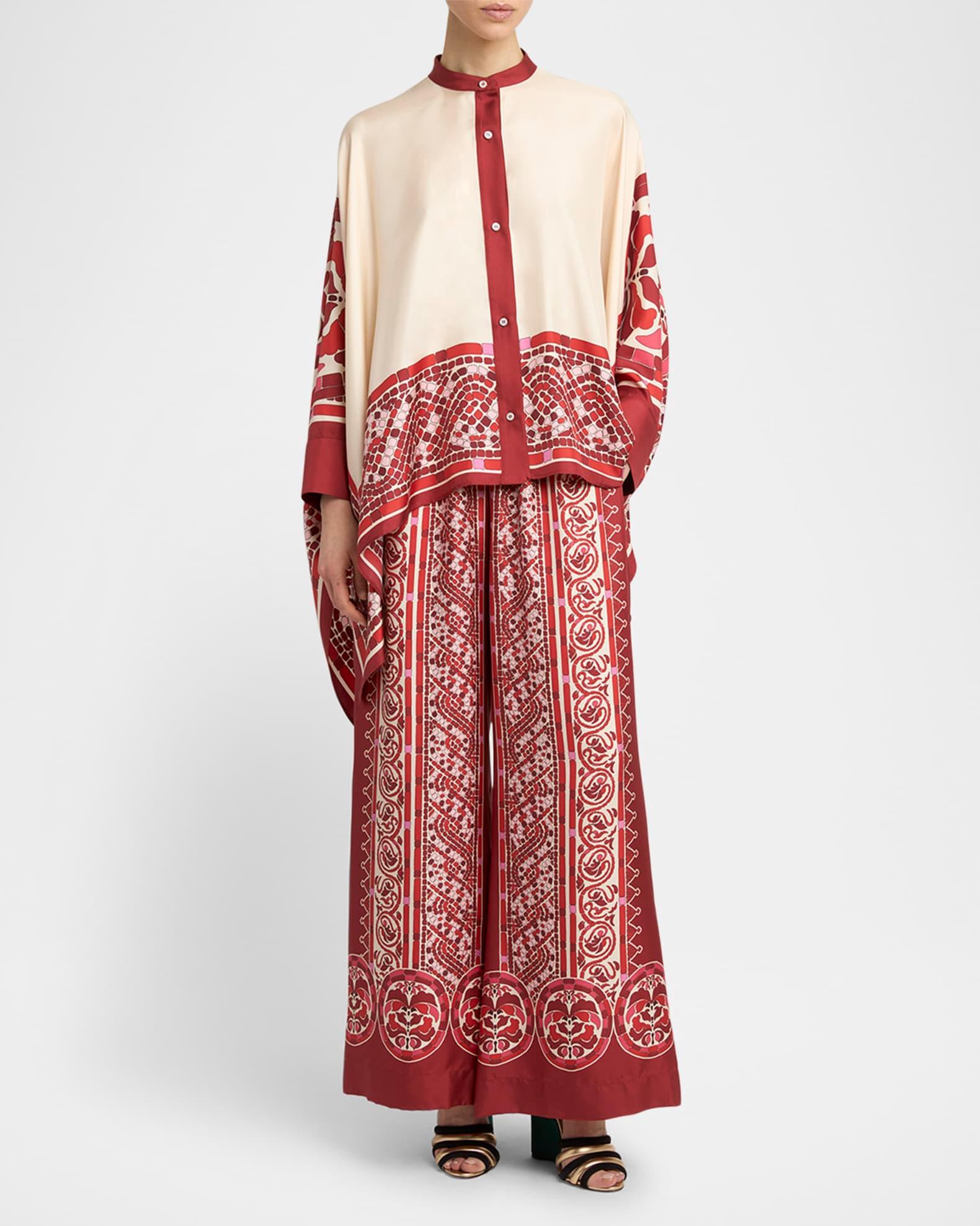 Tile-Print Silk Wide-Leg Pull-On Palazzo Pants Product Image